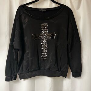 New‎ POL Black Sequin Detail Top with bleach like distressing. Size small